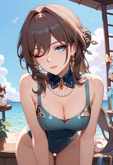 star rail,ruan mei,racerback swimsuit,striped trim,name tag patch  - AI generated anime art